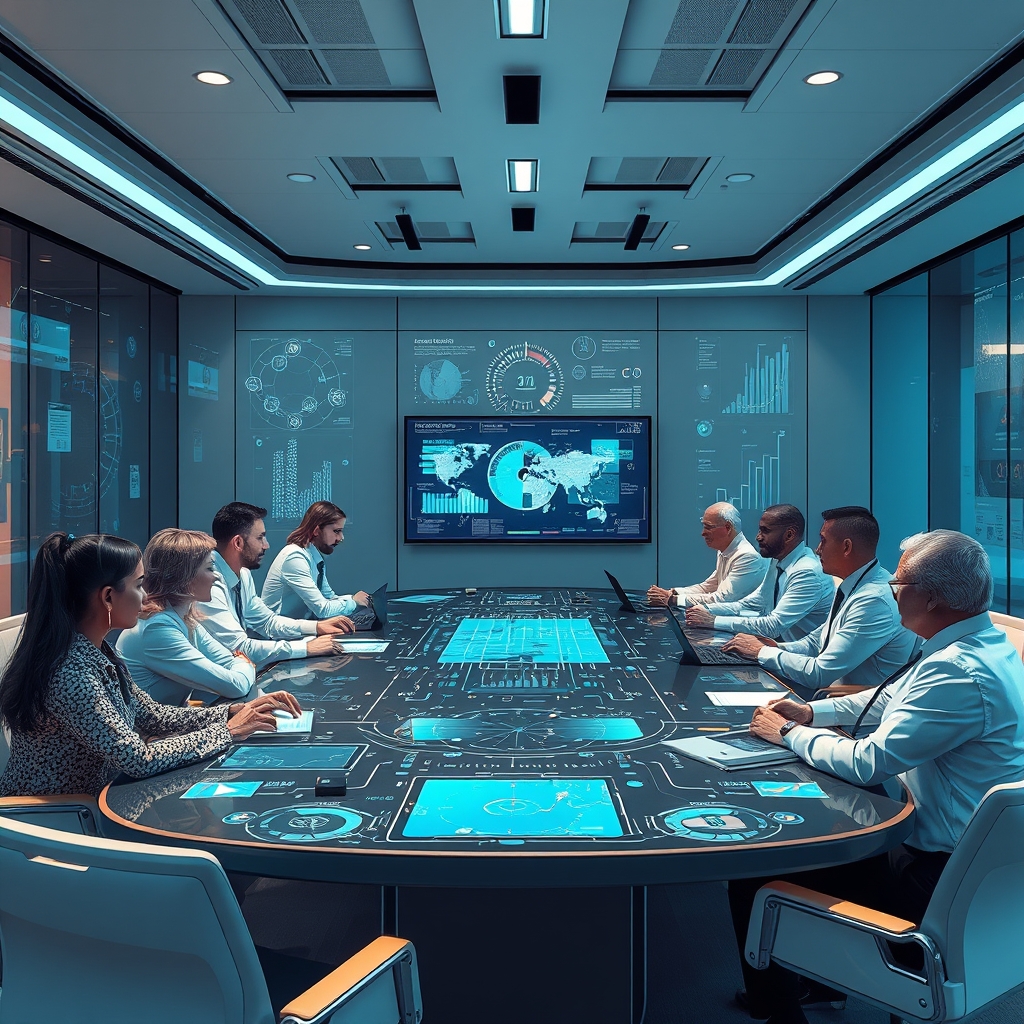 An illustration depicting a futuristic roundtable discussion with diverse professionals engaged in conversation about machine-understandable data and super intelligence. The setting includes digital screens displaying data visualizations and abstract representations of technology, symbolizing innovation in finance.