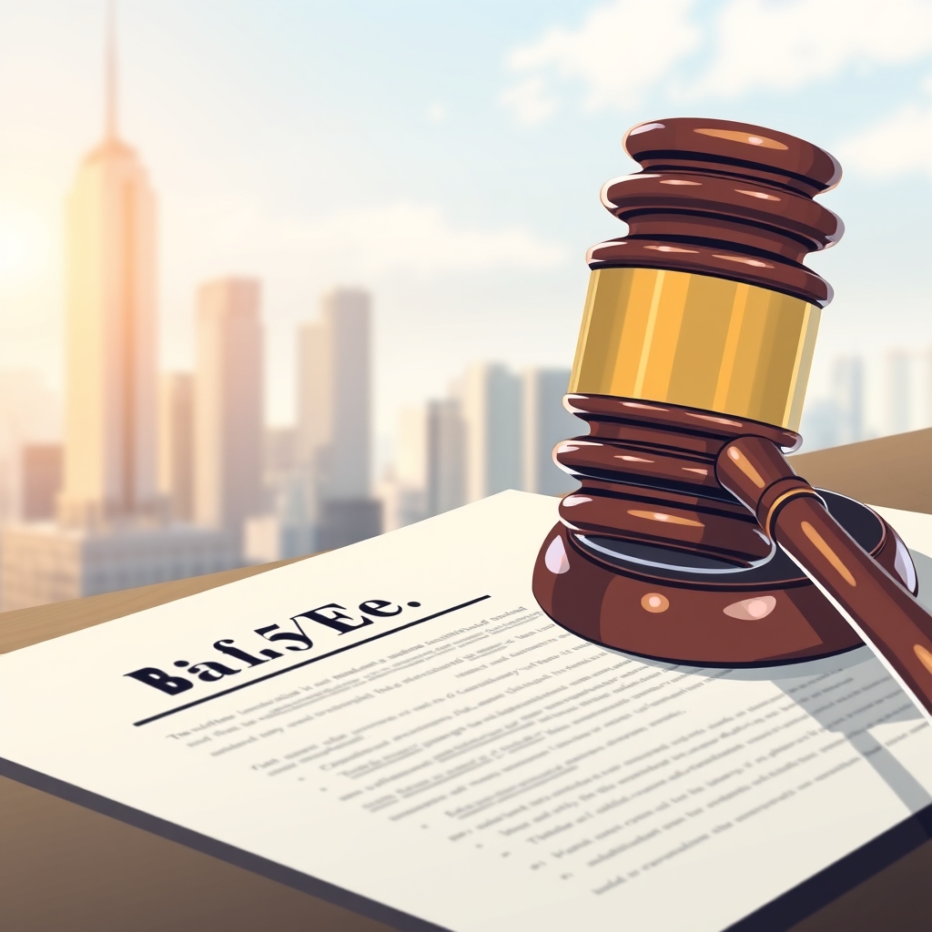 A gavel resting on a legal document, symbolizing a court judgment, with a blurred background of a financial district skyline.