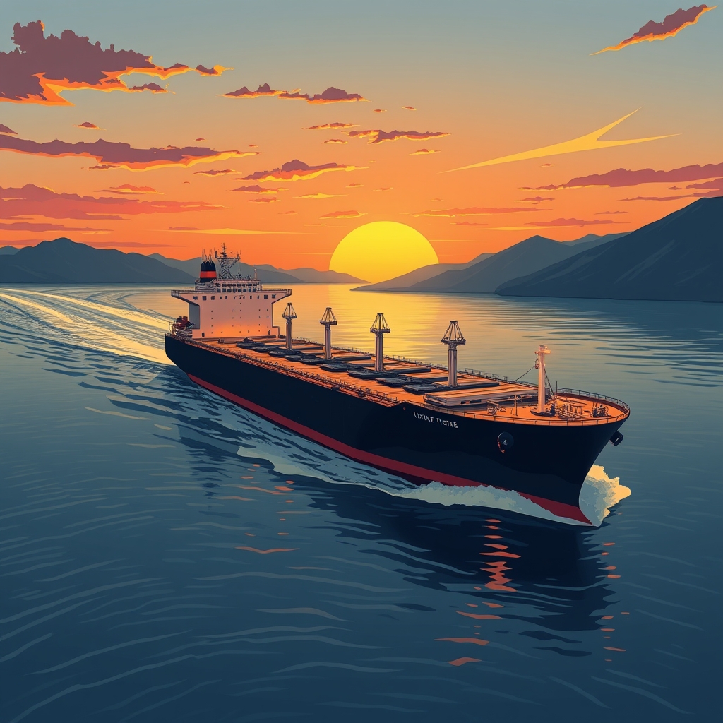 A large oil tanker navigating through the Strait of Hormuz, with a backdrop of a sunset and distant silhouettes of mountains, symbolizing the ongoing transport of crude oil despite geopolitical tensions.