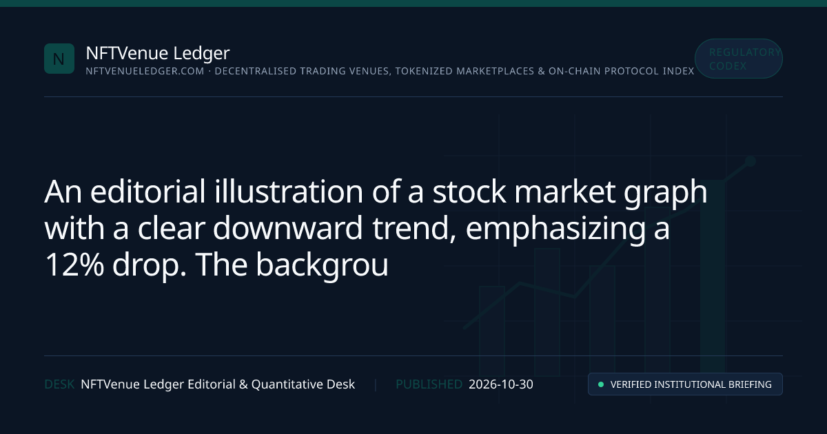 A stock market graph showing a downward trend, with a highlighted section indicating a 12% drop. The background features abstract financial symbols and colors representing volatility.